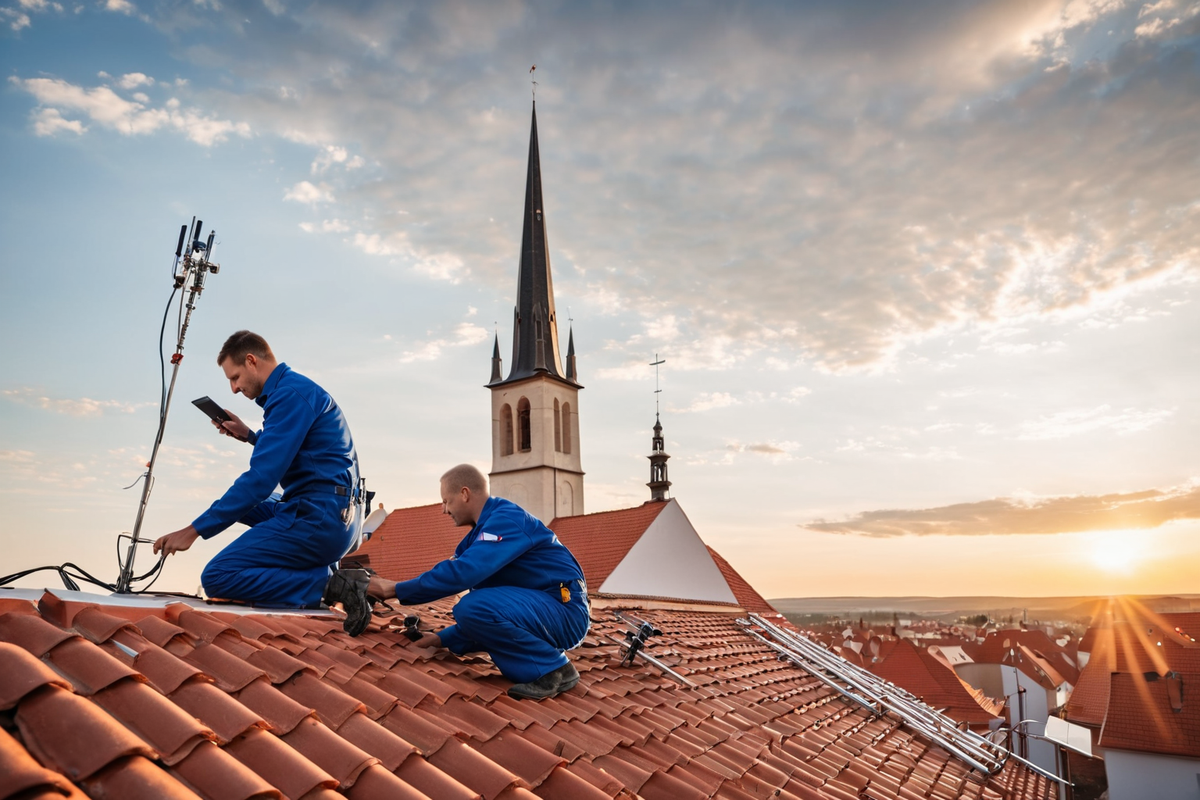 Technici VHV SPEED instalují anténu na střeše v Novém Bydžově